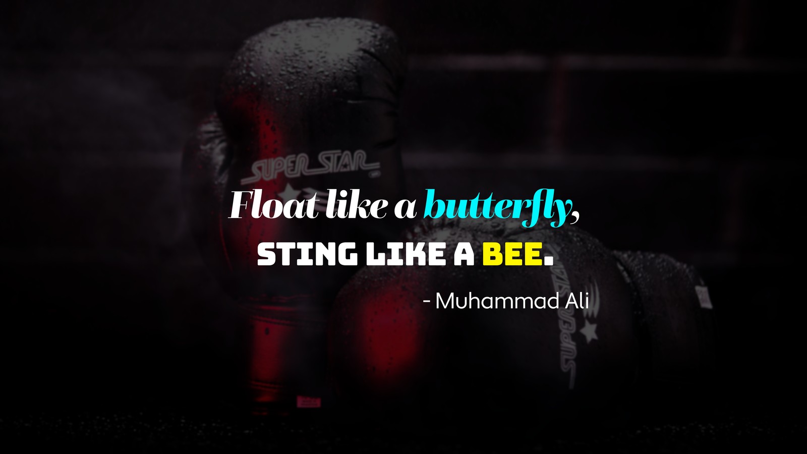 A black and white photo of a toy horse with a quote on it (boxing, popular quotes, muhammad ali, gloves, dark background)