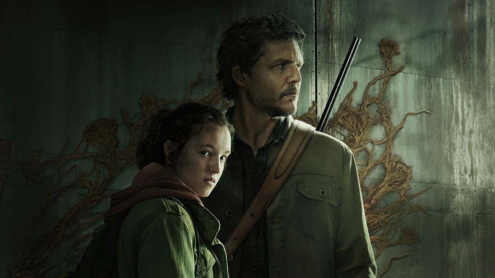 A man and a woman standing next to each other in a room (joel, ellie, the last of us series, tv series, hbo max)