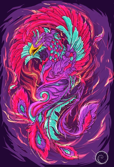 Uma ilustração vibrante e psicodélica de uma fênix, apresentando tons ousados de magenta e turquesa, penas em espiral e chamas dinâmicas, incorporando estilos de arte moderna e contemporânea.