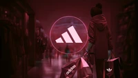 Logo Adidas néon dans une scène de shopping esthétique rouge