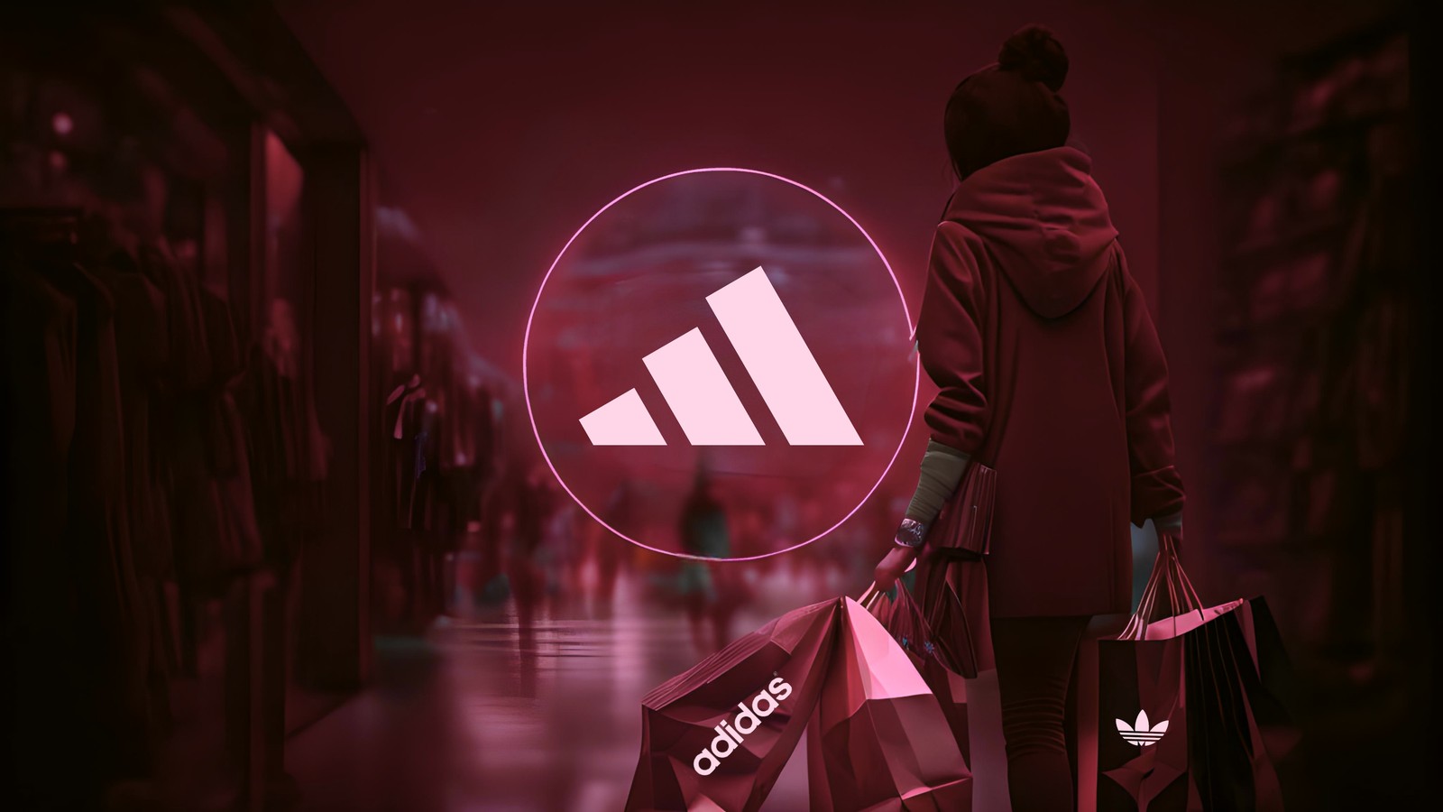 Una mujer cargando bolsas de compras y un logo de adidas rosa (logo neón, estética roja, ciencia ficción, deportes, fondo de pantalla 4k)