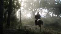 Explorando a floresta mística a cavalo em Red Dead Redemption 2