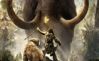 A caveman stands defiantly with a spear, accompanied by a large feline, facing a massive mammoth in a lush prehistoric landscape.