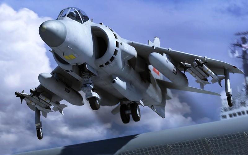 Самолет летит в воздухе (британский аэрокосмический морской хариер, british aerospace sea harrier, хокер сиддли харриер, hawker siddeley harrier, самолёт)