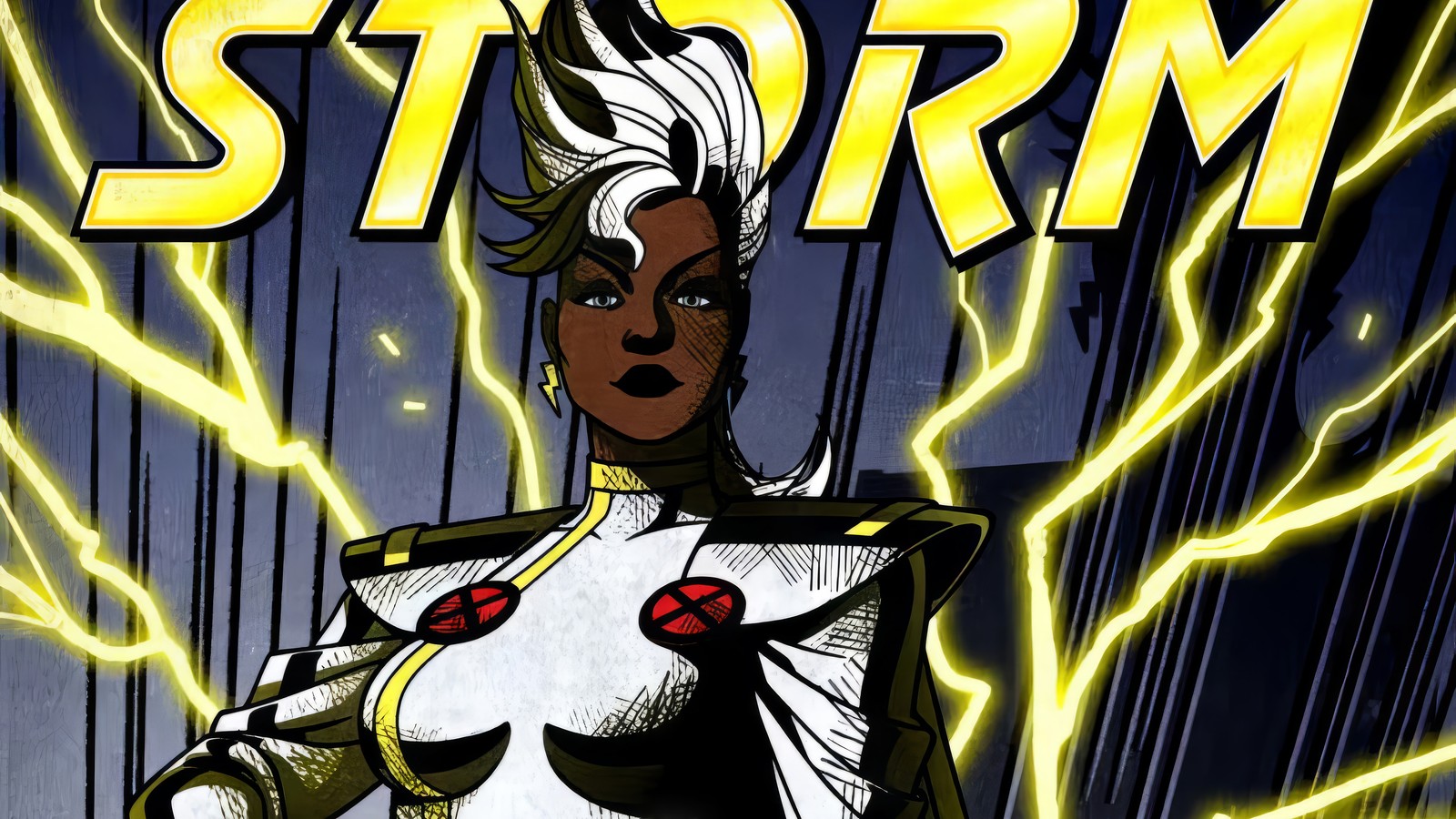 A close up of a comic book cover with a woman in a storm costume (storm, x men 97, tv series, marvel, cartoon)