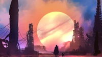 Silhouetted figures against a vibrant, otherworldly sunset amidst futuristic ruins.