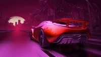 Carro esportivo futurista em uma paisagem vibrante de synthwave