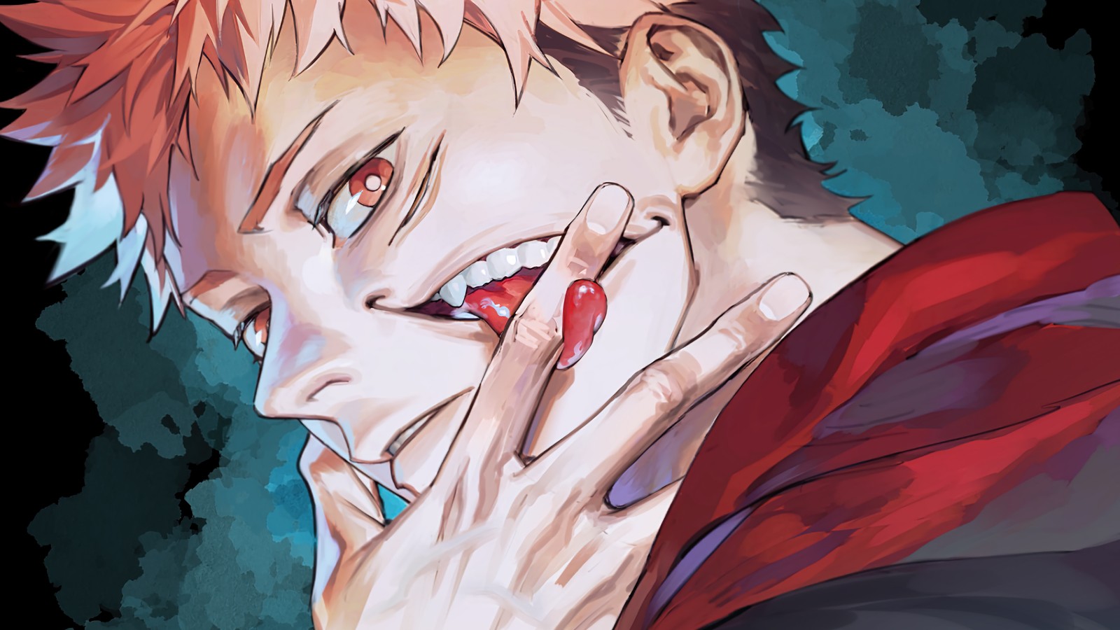 Anime boy with red hair and a red cape on his head (yuji itadori, jujutsu kaisen, anime, sorcery fight, 呪術廻戦)