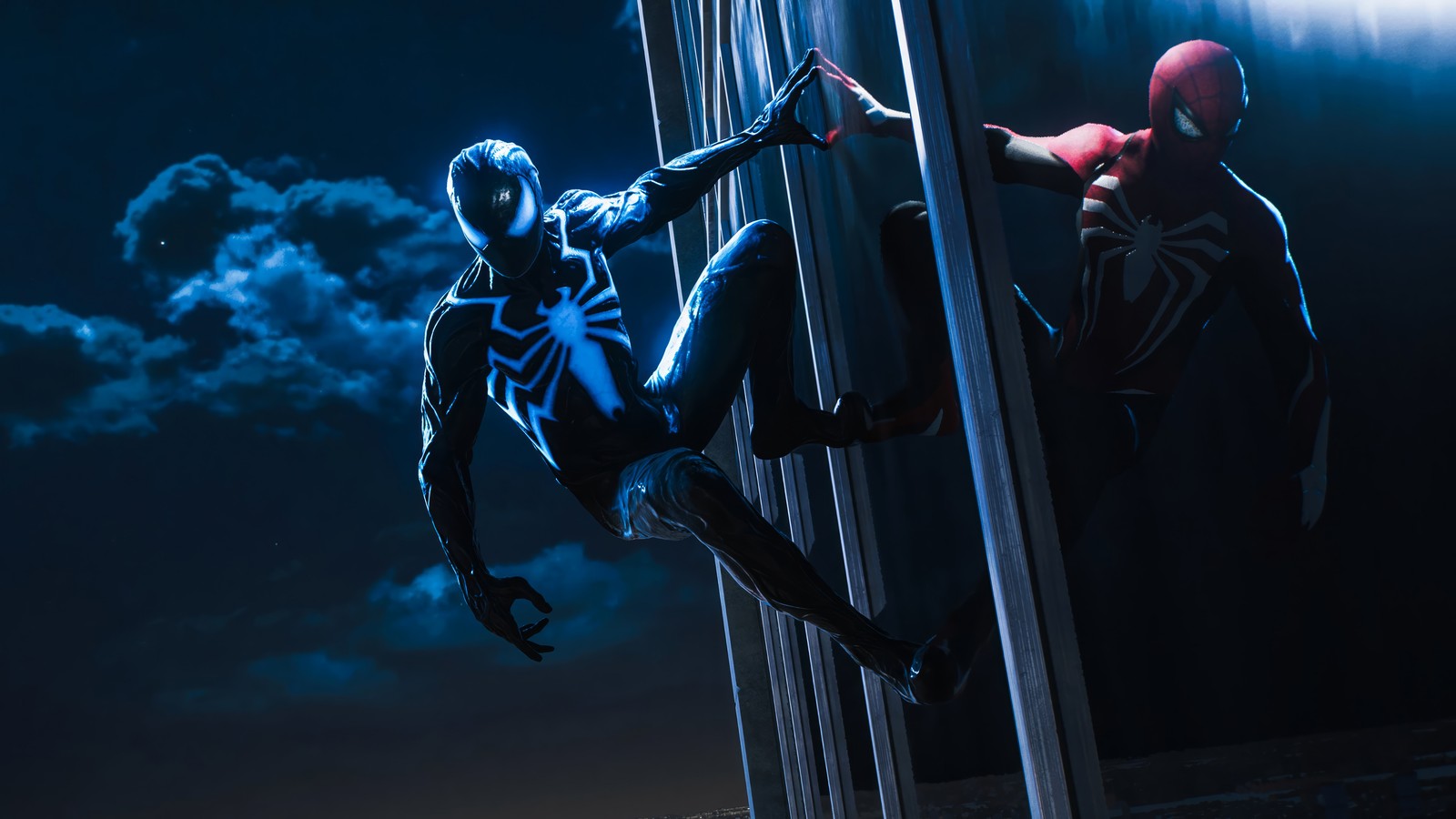 L'homme araignée et l'homme araignée suspendus à un poteau dans l'obscurité (spider man, spiderman, costume de symbiote, réflexion, marvel spider man 2)