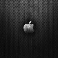 Sleek black and white Apple logo against a textured, hexagonal background.