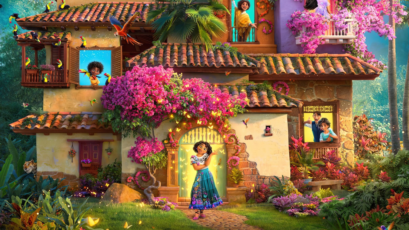 Une peinture d'une femme se tenant devant une maison avec des fleurs (charme, 2021, animation, animé, film)