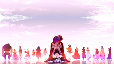 Rem et Subaru Natsuki au milieu d'un casting de personnages dans Re:Zero