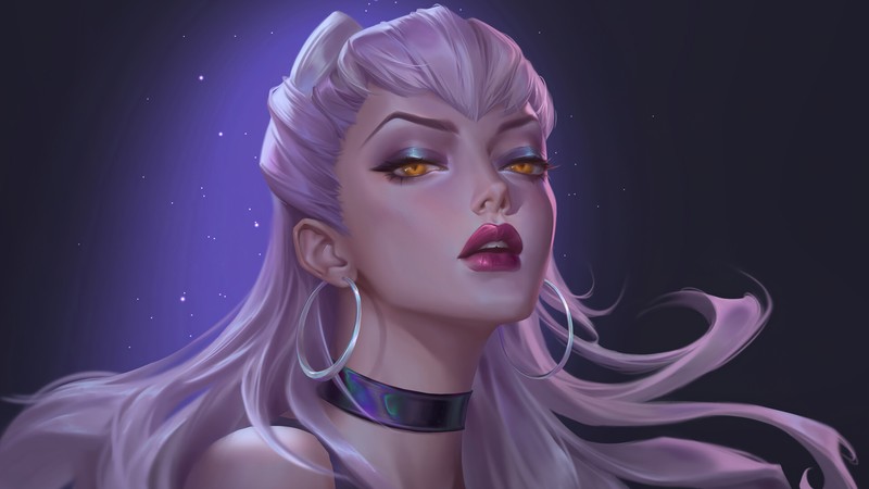 Женщина с длинными волосами и удушением смотрит вверх (kda, evelynn, самый плохой, league of legends, lol)