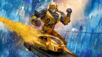 Bumblebee corre através de uma paisagem urbana futurista em Transformers Um