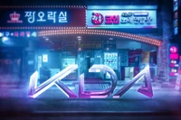 KDA Tipografia 3D em Paisagem Urbana Neon