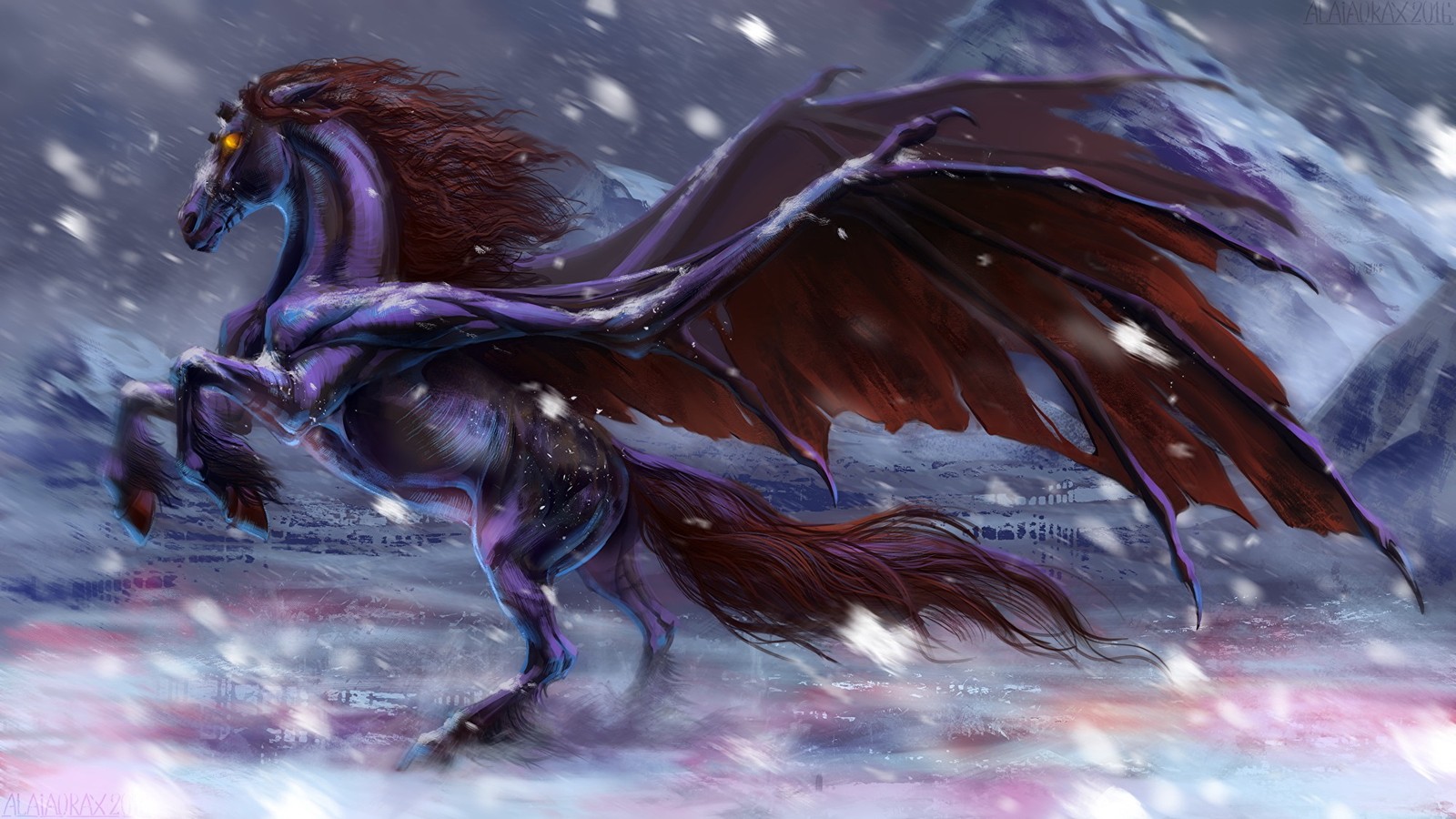 A painting of a horse with wings in the snow (pegasus, fantasy, art, mythical creature, mythology)