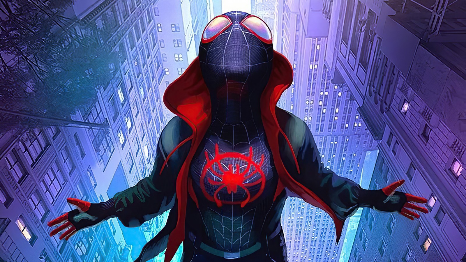 Spider-man dans un sweat à capuche rouge se tenant dans une ville (miles morales, spider man new generation, spider man into the spider verse, film, spider man)