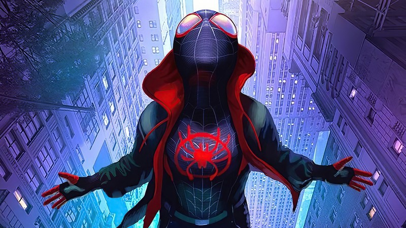 Человек-паук в красном худи стоит в городе (майлз моралес, miles morales, человек паук через вселенные, spider man into the spider verse, фильм)