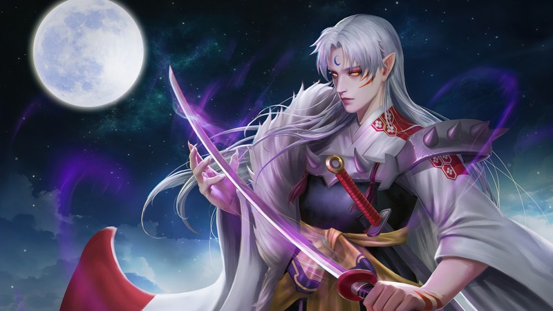 Женщина с мечом и плащом стоит перед полной луной (сессомару, sesshomaru, аниме, anime, катана)