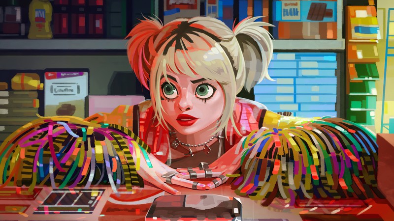 Женщина с розовыми волосами и розовым топом сидит за столом (harley quinn, птицы хищники, фильм, dc comics, птицы ракеты и фантастическая эмансипация одной харли квинн)