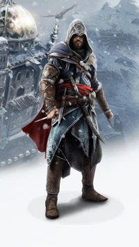 Figura de ação de Ezio Auditore da série Assassin's Creed em uma paisagem nevada.