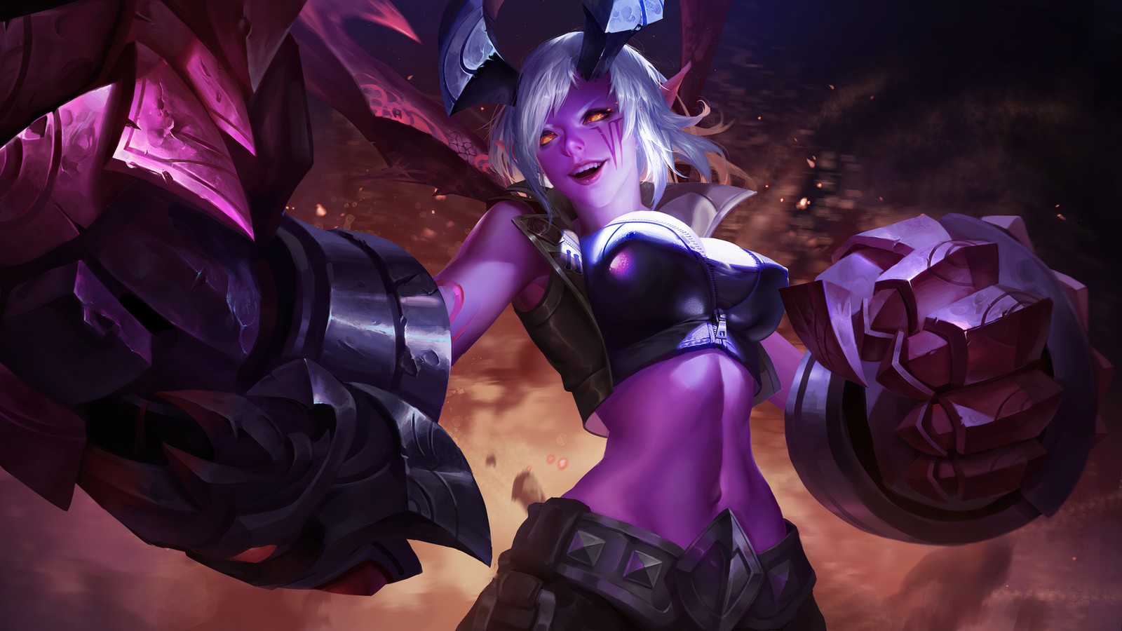 Uma mulher em um top preto e shorts roxos segurando uma grande espada (vi, lol, league of legends, jogo de vídeo, demônio)