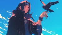 Itachi Uchiha con un cuervo contra un cielo vibrante.