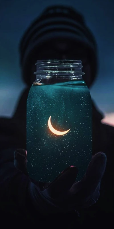 Flasche mit Sternen und Mond auf einem neonfarbenen Nachthintergrund