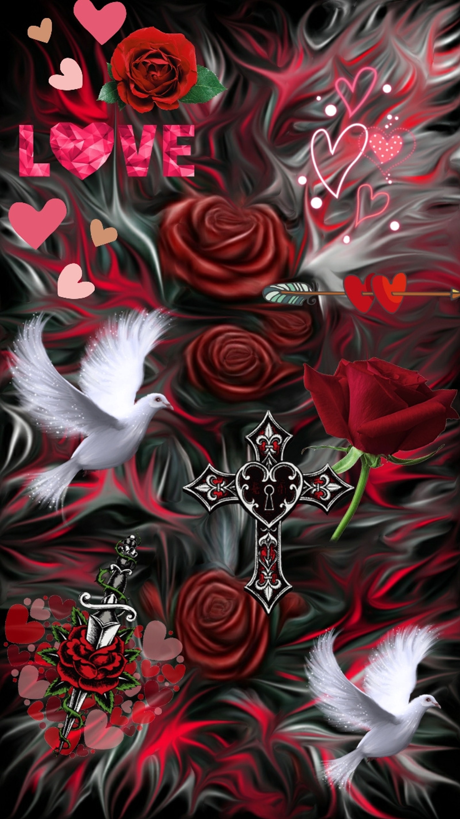 A close up of a painting of a cross and roses (birds, black, cross, doves, hearts)