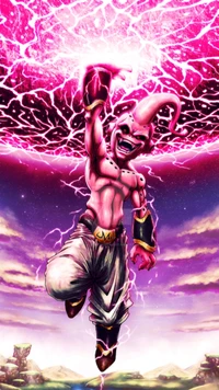 Majin Buu desatando poder en un vibrante paisaje de anime