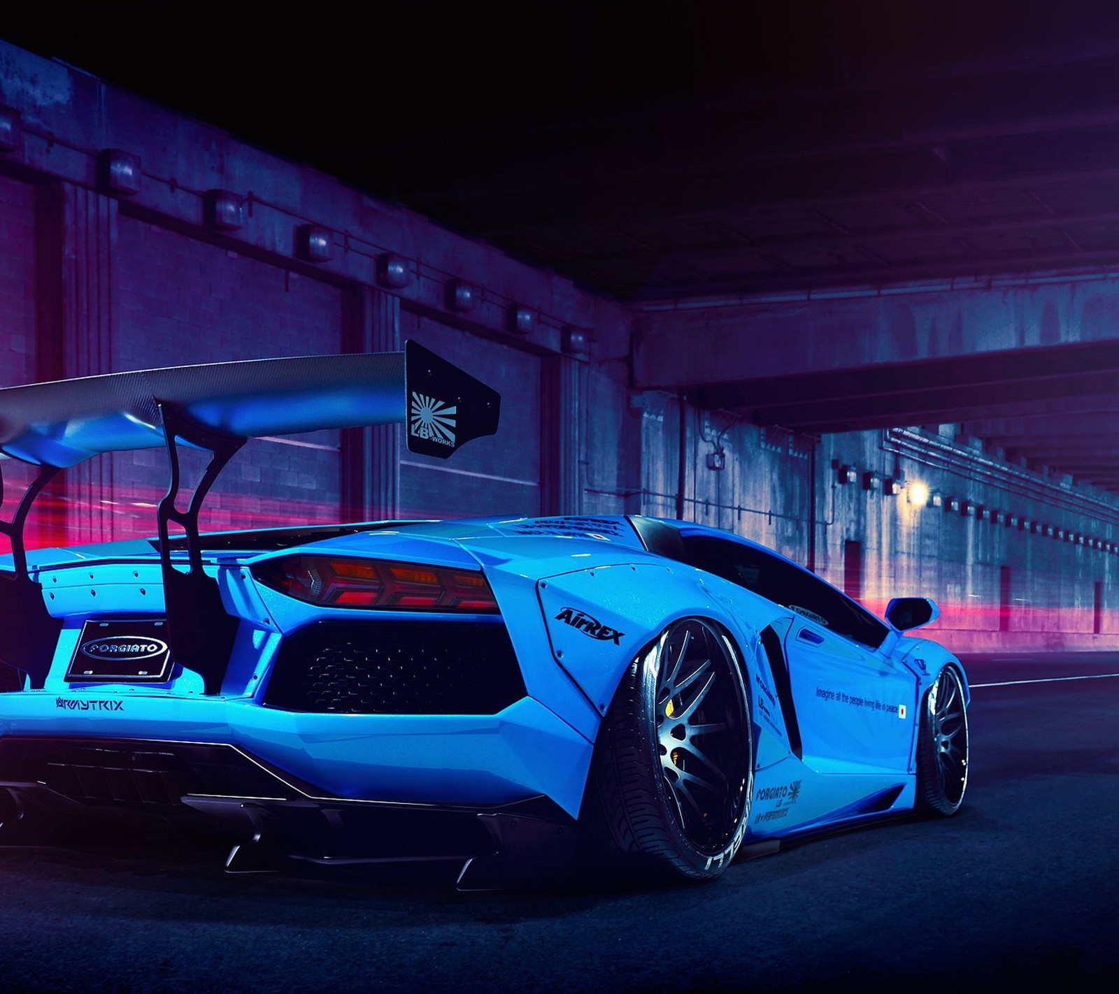 A close up of a blue sports car parked in a parking garage (auto, aventador, blue, car)