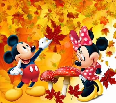 Mickey e Minnie Mouse desfrutando de um dia de outono entre folhas coloridas