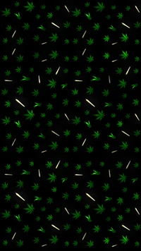 Pattern of Green Leaves on a Black Background