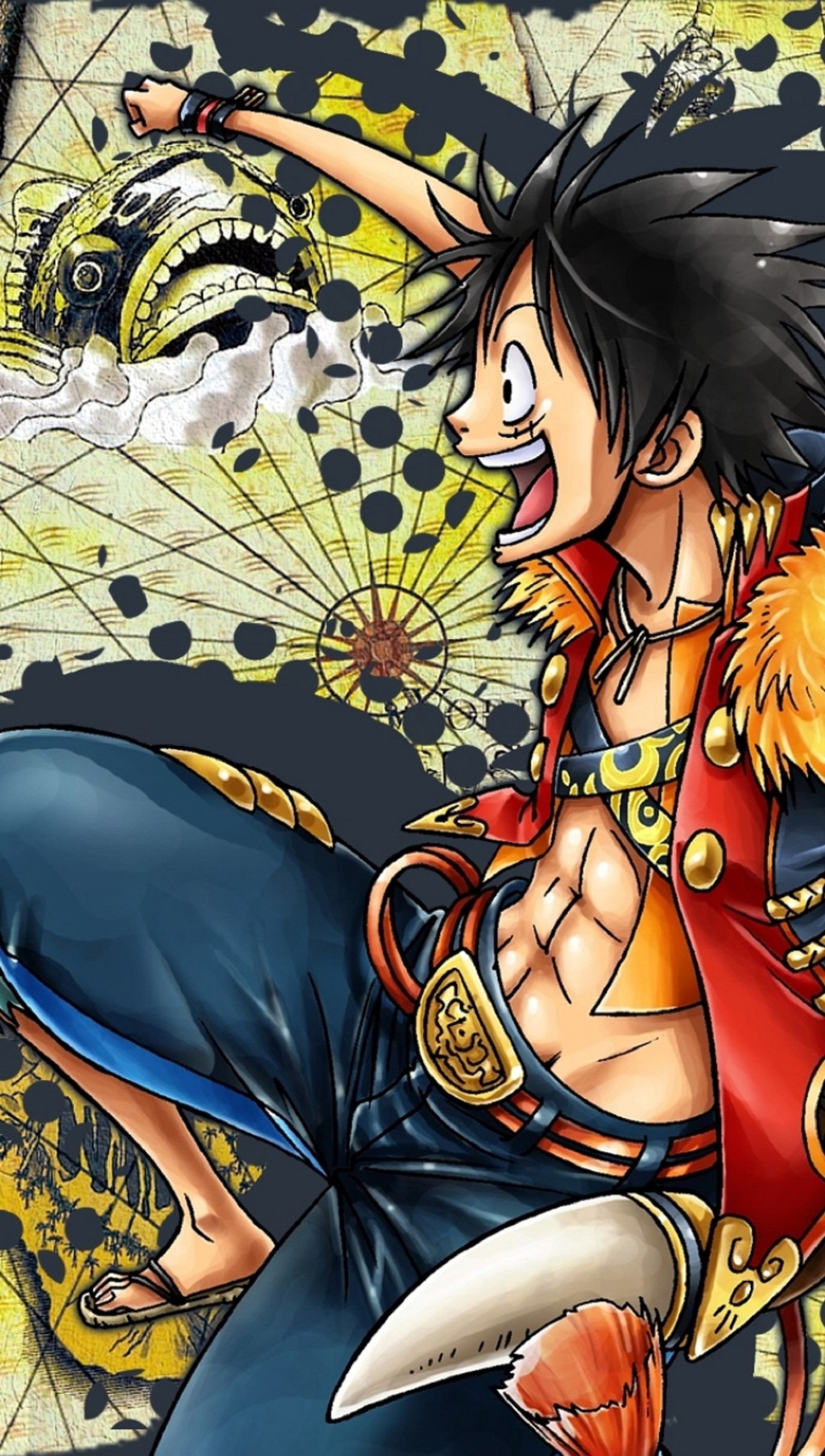 Personaje de anime con una espada y una espada grande en la mano (luffy, one piece, pirata, straw hat luffy)