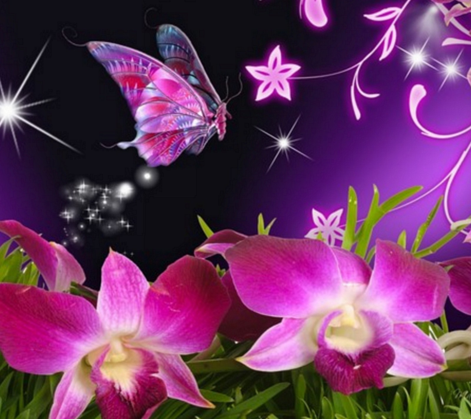 A purple butterfly flying over some pink flowers and grass (butterfly, meadow, purple, purple flowers)