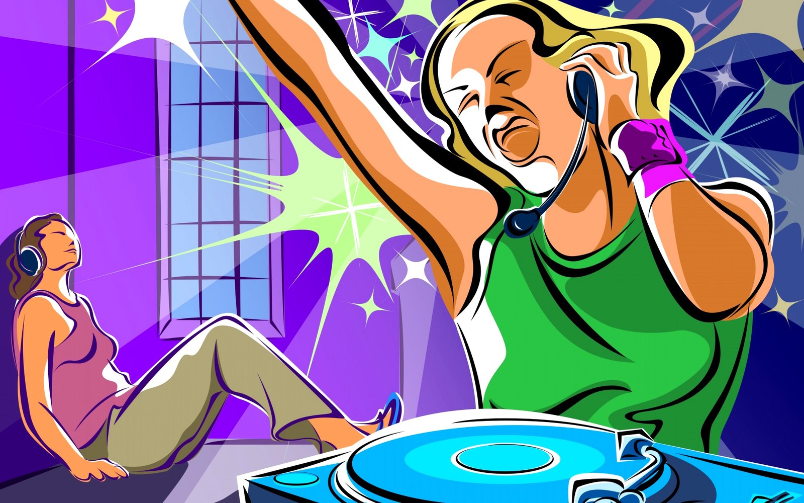 Ilustração de desenho animado de uma mulher dj tocando música com uma garota sentada no chão (desenho animado, diversão, ilustração, clipart, texto)