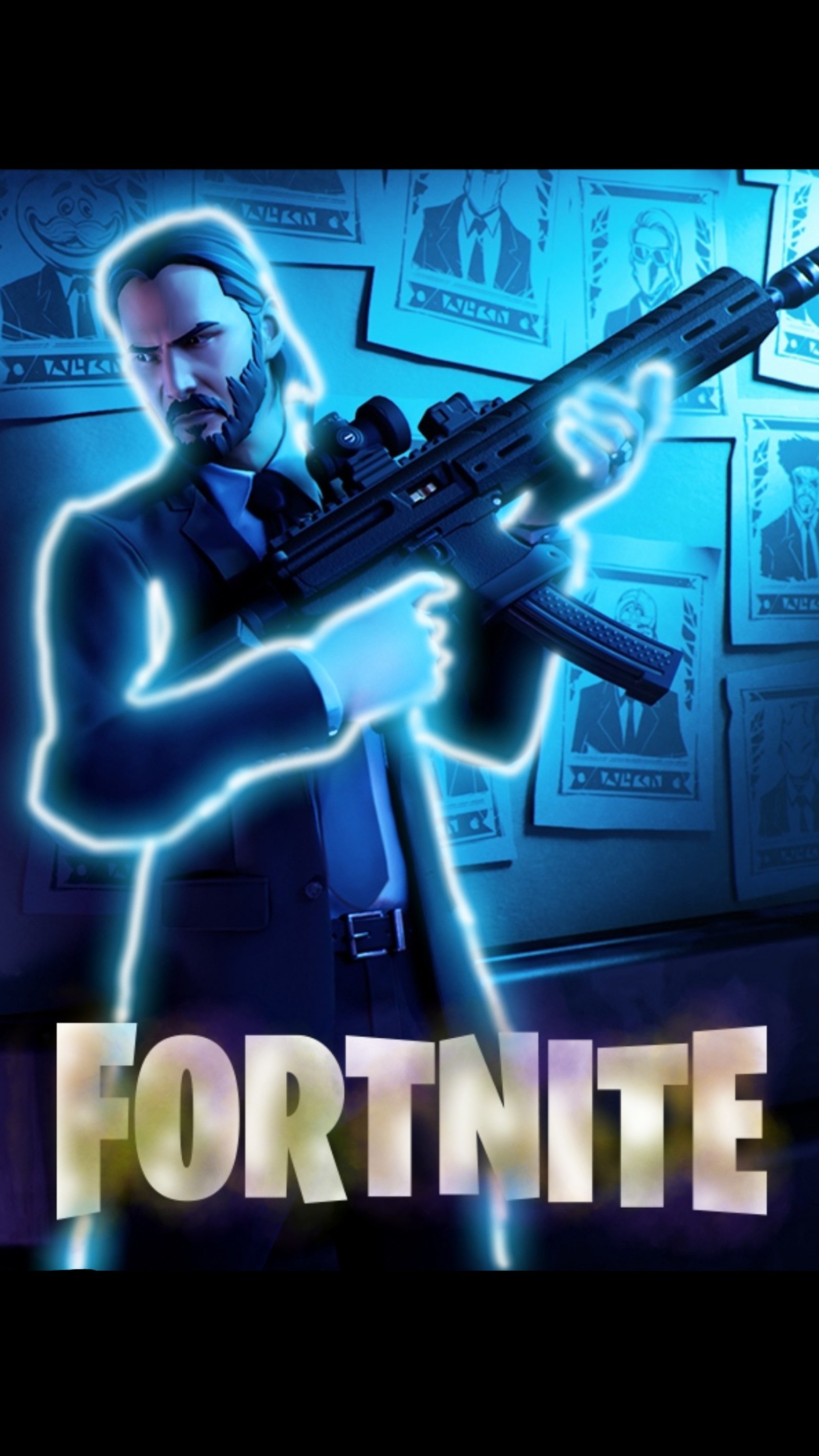 Um close de uma pessoa segurando uma arma em uma sala (fortnite, john wick, temporada 9)