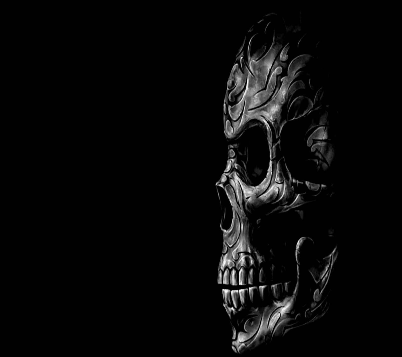 A close up of a skull with a black background (skull, wallpaper)