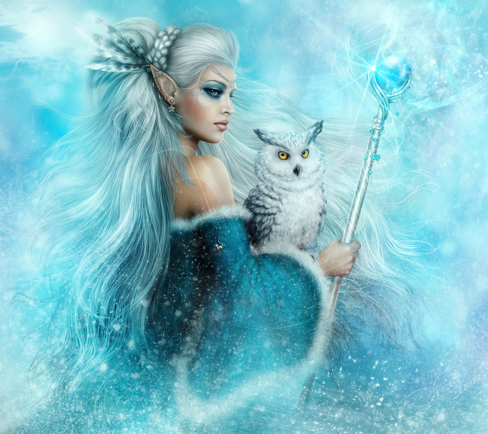 A woman with a white owl and a blue wand in her hand (blue, elf, fantasy, magic, owl)