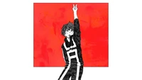 Izuku Midoriya (Deku) en una pose dinámica contra un fondo rojo intenso.