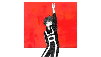 Izuku Midoriya (Deku) dans une pose dynamique sur un fond rouge vif.