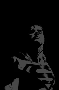 Silhouetted figure of a superhero with a prominent emblem, expressing strength and determination against a dark backdrop.