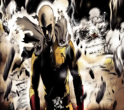 Saitama dans une scène de bataille dramatique, entouré de destruction et d'éclairs.