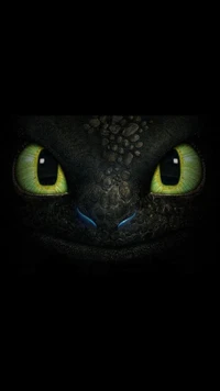 A close-up of a black dragon's face with striking yellow-green eyes and a subtle blue accent on its snout.