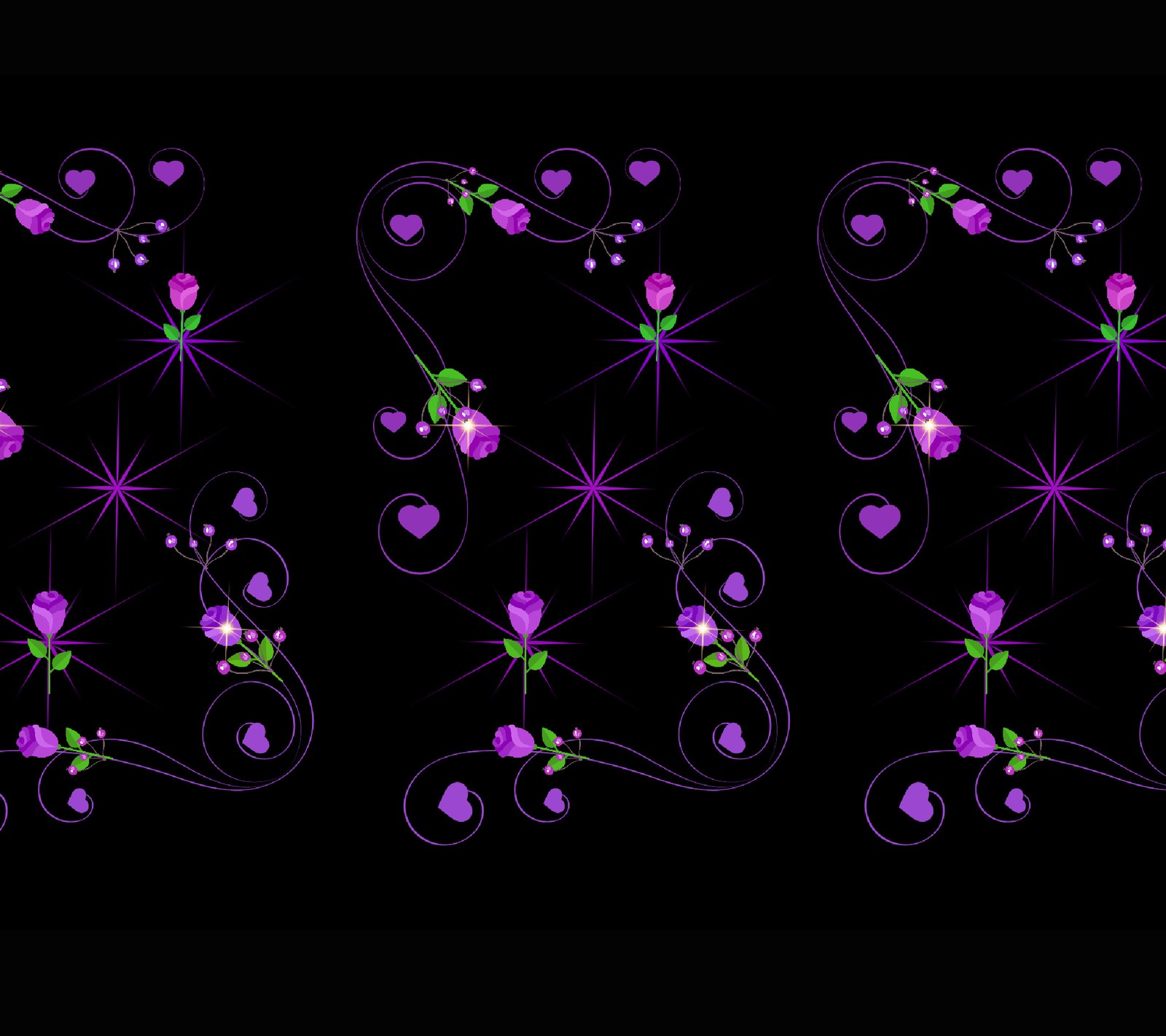 Purple flowers and hearts are arranged in a row on a black background (flower, nature, purple)