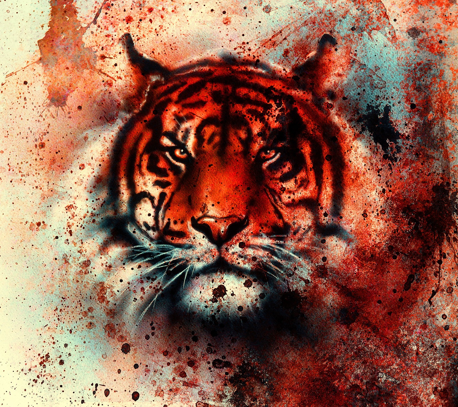 Painting of a tiger with a red and blue background (abstract, art, colorful, face, tiger)