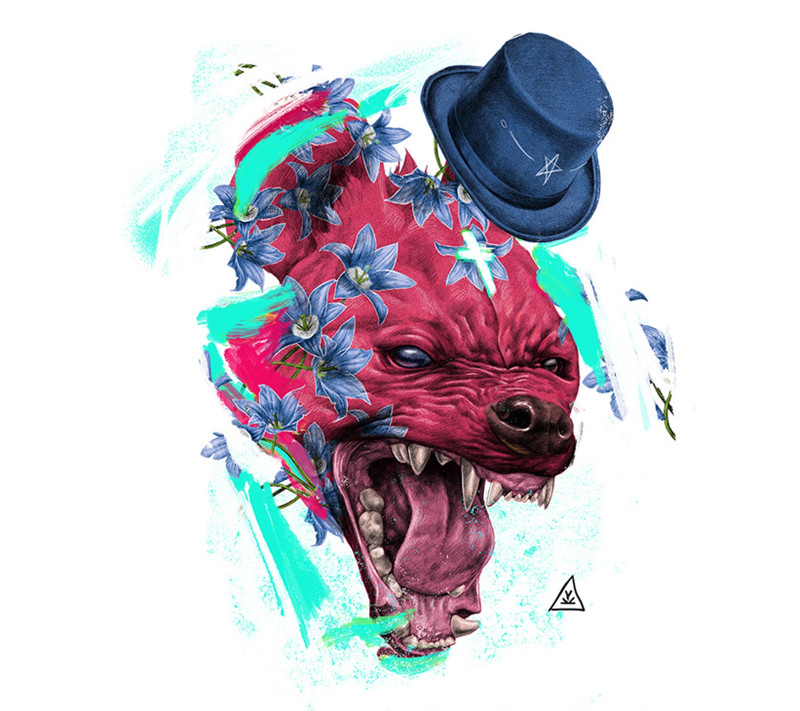 Hay un dibujo de un oso con un sombrero (abstracto, color, diseño, perro, pitbull)