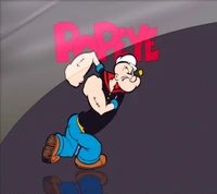 Popeye the Sailor Man flexing his muscles with bold pink lettering.