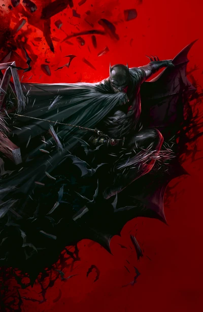 Dynamic Batman Amidst a Shattered Red Background