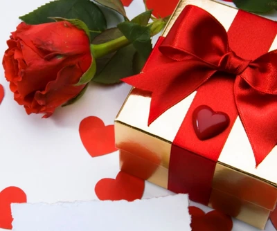 Regalo de cumpleaños elegante con rosa roja y decoraciones de corazón